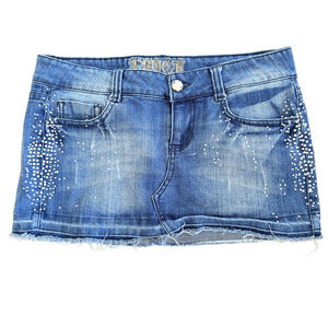 Truce Denim distressed rhinestone mini skirt